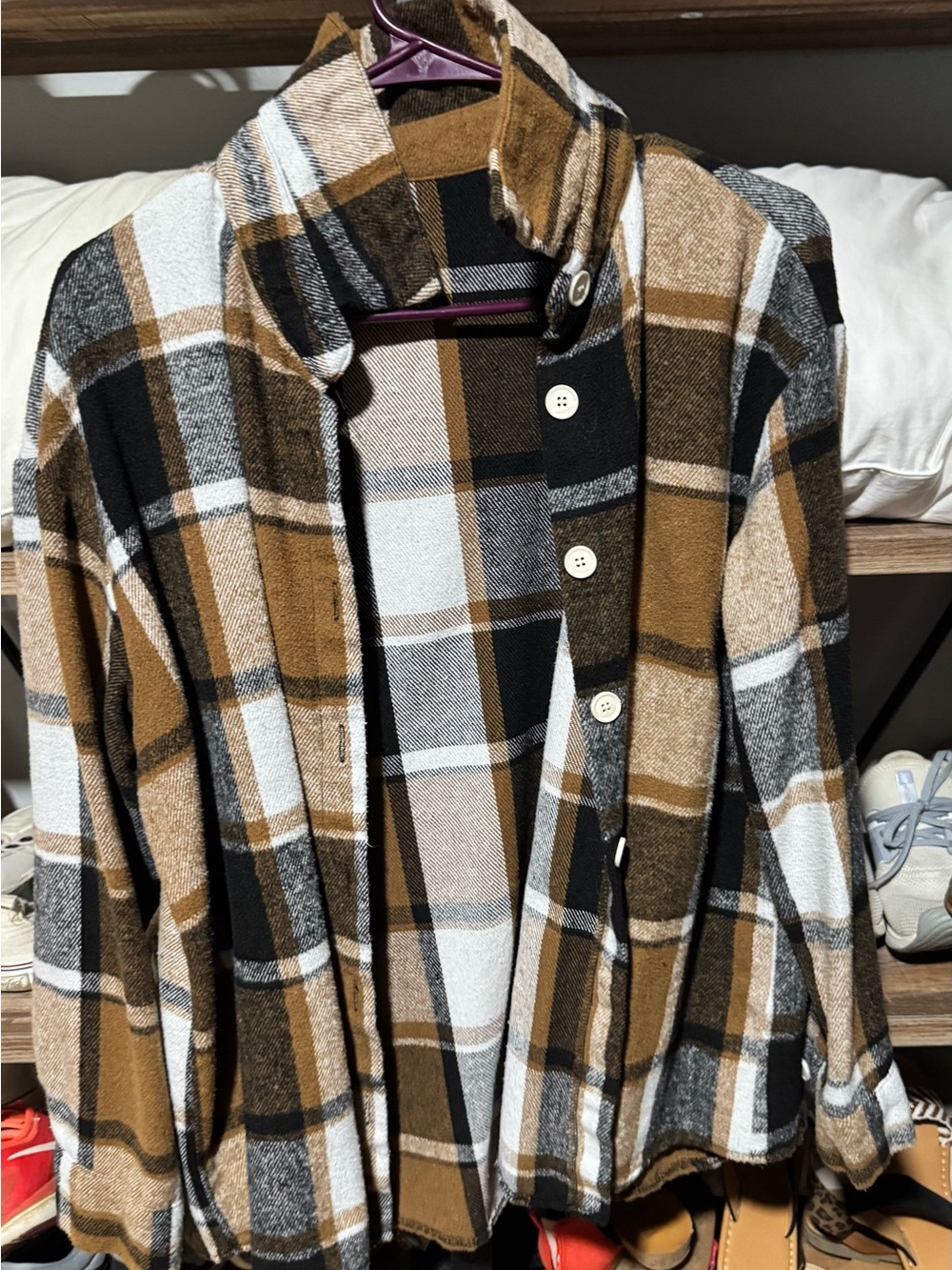 SHEIN Plaid Teddy Jacket in Brown, Black, White, and Gray